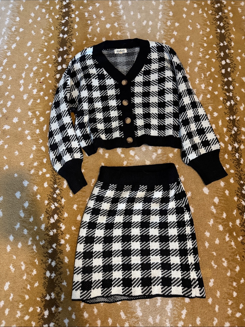 Listicle Black & White Houndstooth Button Cardigan & skirt set